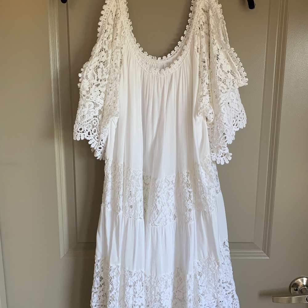 White Crochet Dress Scoop Neck & Exposed Shoulder